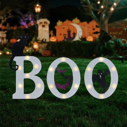 Prsildan 3 Pack Halloween Decorations Outdoor Solar Lighted Boo Yard Sign | Waterproof Metal Lawn Stakes, Solar-Powered, Bats, Cat & Ghost, For Front Yard, Porch, Garden, Spooky Halloween Party Decor
