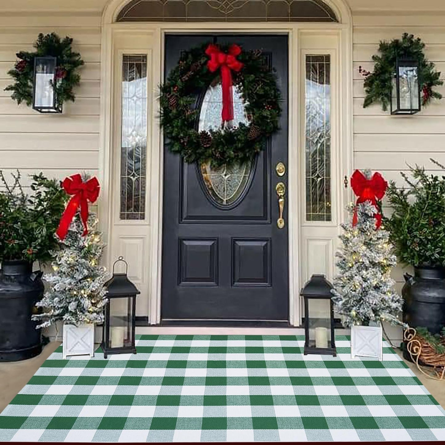 Christmas Door Mat Outdoor 35.4''x59'' Buffalo Plaid Christmas Decor Rug Cotton Hand-Woven Layered Door Mats Washable Carpet for Front Porch, Kitchen, Farmhouse, Entryway