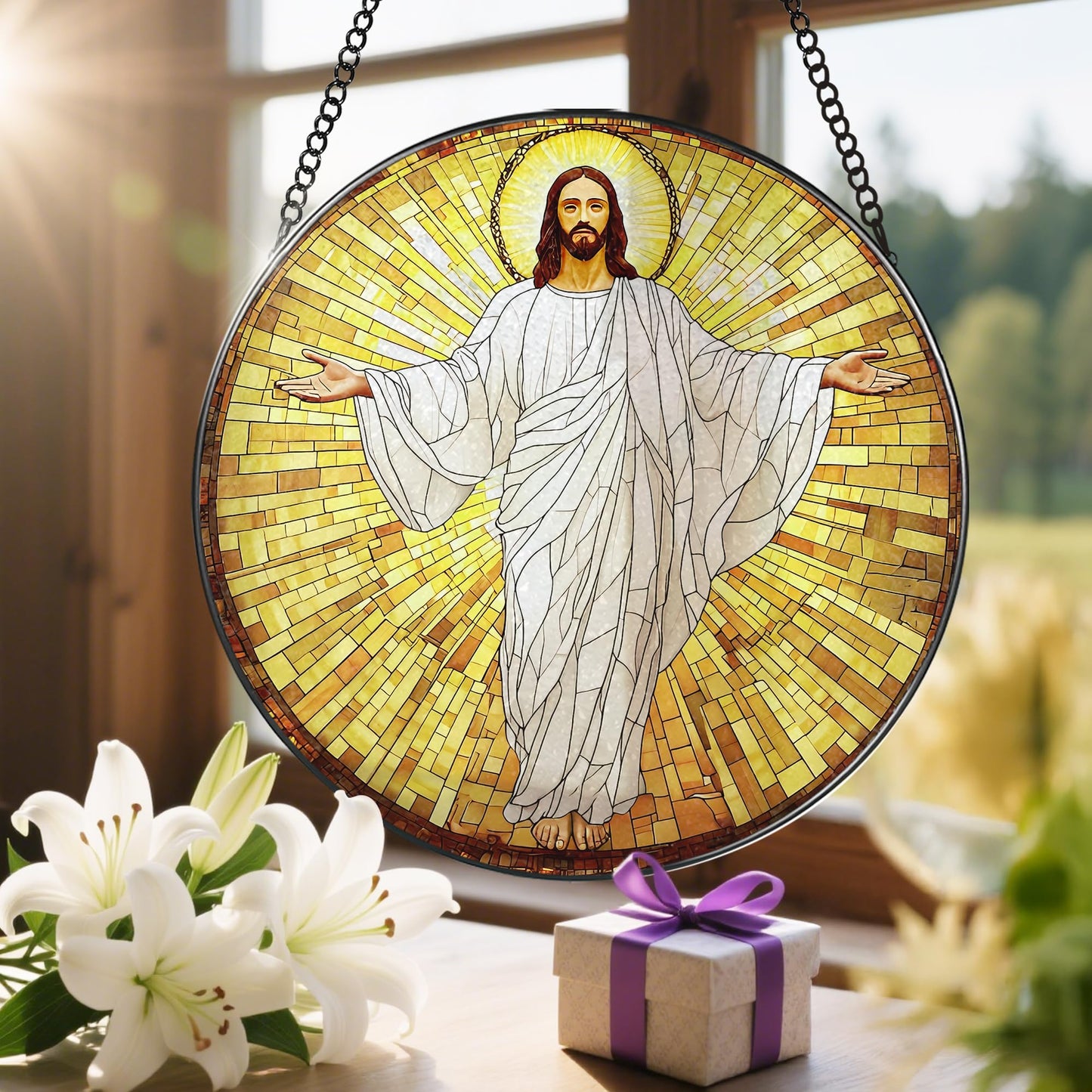 8-Inch Jesus with Cardinals Suncatcher Ornament, Stained Glass Window Hanging & Religious Christmas Ornament, Christian Window Decor — Memorial Gift, Christian Gifts for Her, Religious Gifts