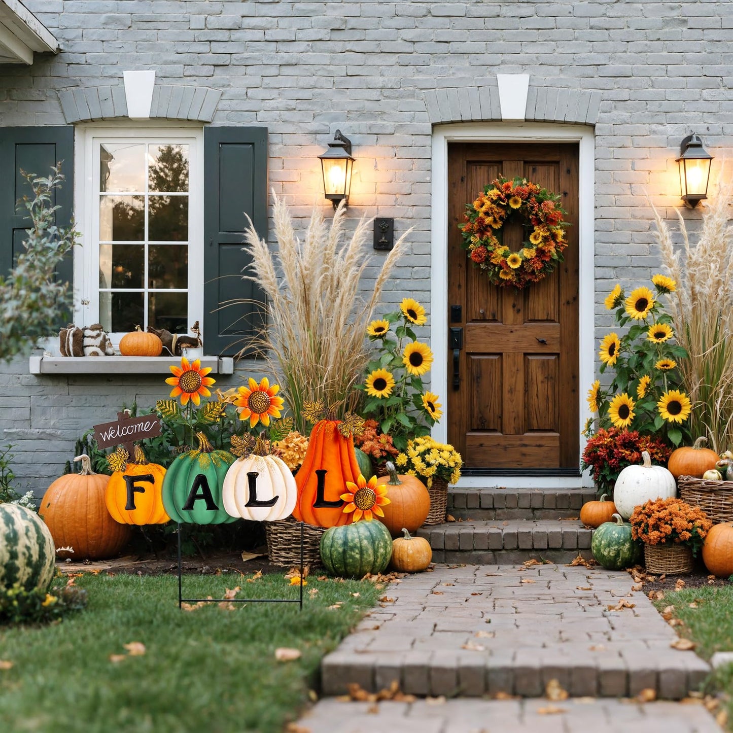 Lanpn Fall Garden Stakes Decorative, 3 Stacked Pumpkin Truck Waterproof Metal Yard Signs 2ft for Home Lawn Patio Porch Autumn Thanksgiving Harvest Season Outdoor Decor (Style 01, 11.4 x 29.9 inch)
