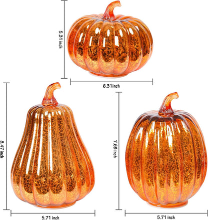Mercury Glass Pumpkin Lights with Timer, Fall Pumpkins Lamps Tabletop Centerpiece Decorations Autumn Thanksgiving Home Halloween Decor, 3PCS