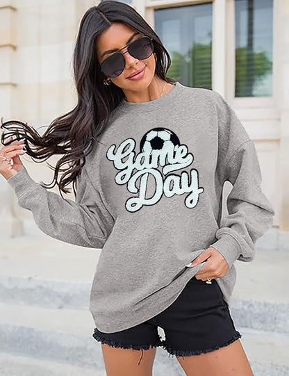 Game Day Soccer Sweatshirt Women Soccer Season Chenille Patch Pullover Top Causal Long Sleeve Football Top