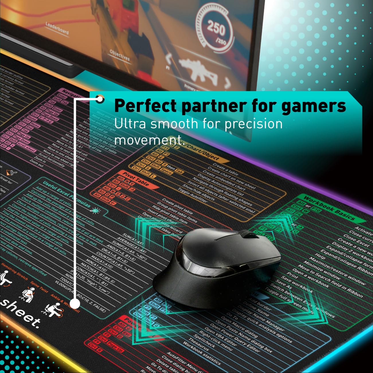 Pixiecube Excel Cheat Sheet Desk Pad | Excel Shortcut Keys Mouse Pad | Extended Large XL Gaming Mousepad | PC Office Spreadsheet Keyboard Mat | Non-Slip Stitched Edge