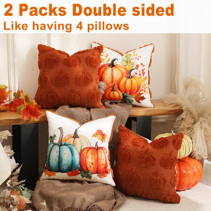 TOYPOPOR Halloween Decorations, 2 Packs Double Sided Ghost Pillow Covers, Soft Fur Throw Pillow Cases Indoor outdoor Pumpkin Couch Cushion Case for Fall Autumn Bedroom Living Room Home Decor 18''x18''