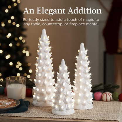 Best Choice Products Set of 3 Ceramic Christmas Trees, Pre-Lit Hand-Painted Tabletop Holiday Decoration w/Multicolor Bulbs, LED Lights – Green