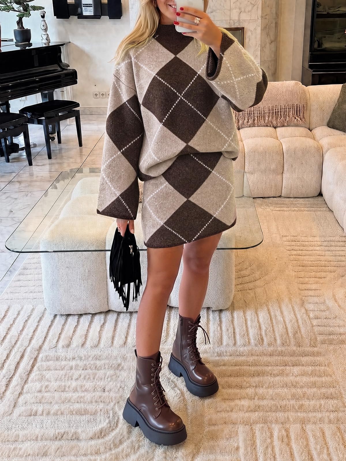 Cicy Bell Women Mock Neck Argyle Sweater 2 Piece Outfits Mini Skirt Sets