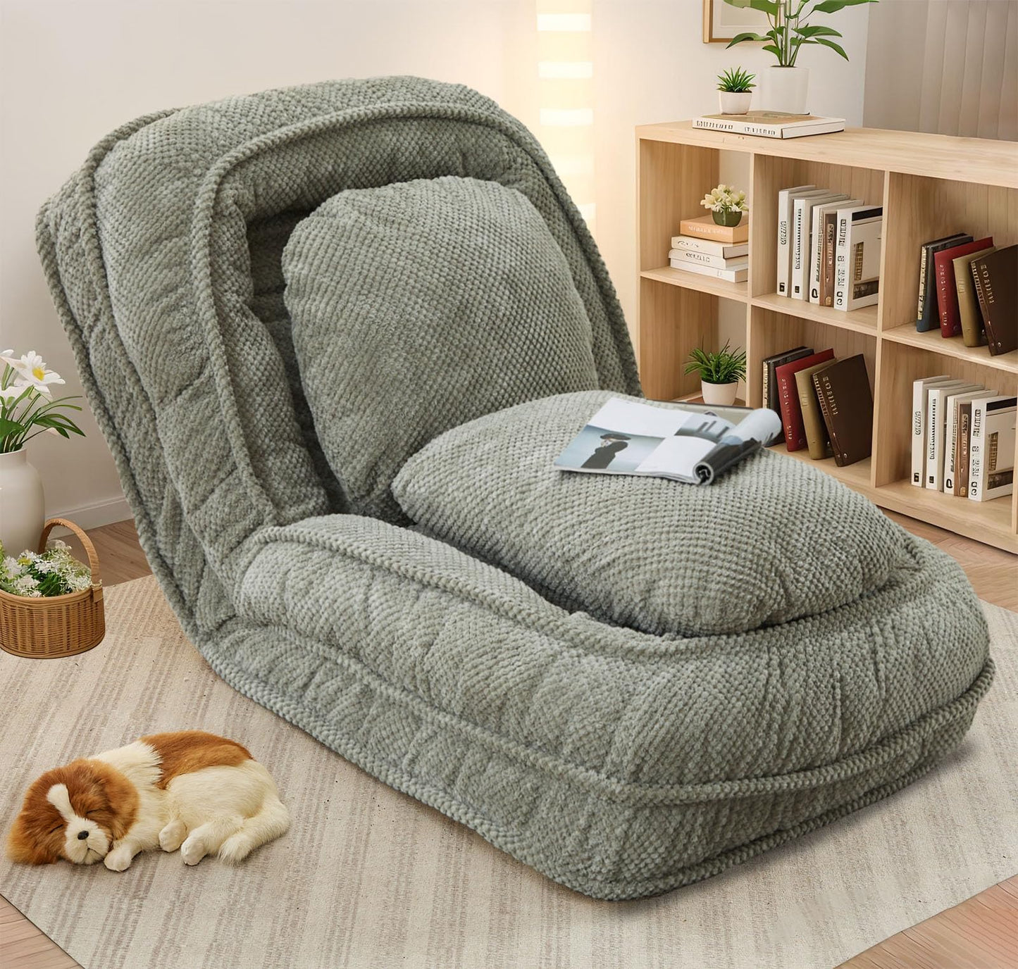 Upholstered Convertible Lounge Chair with 2 Soft Pillows