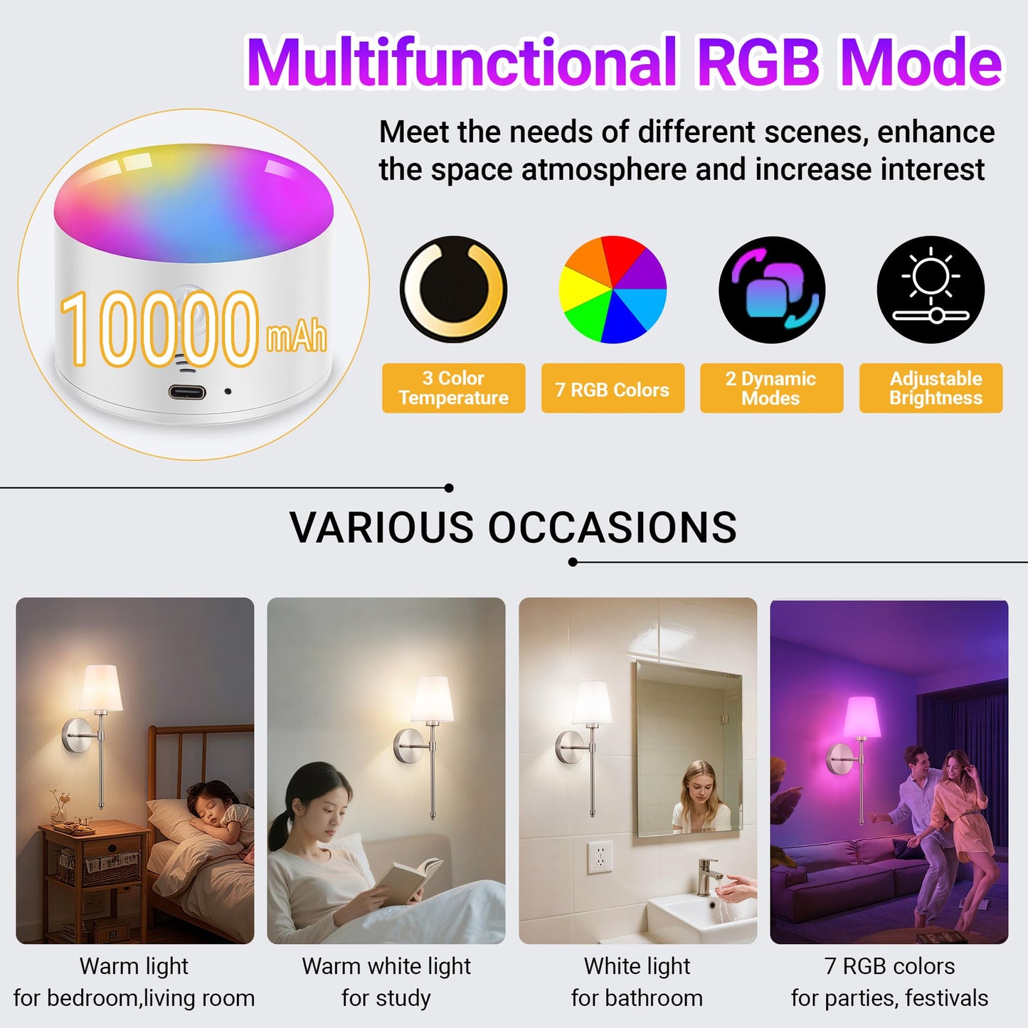 YHCDLAMP Battery Operated Wall Sconce Light with Remote Control, Dimmable Wall Sconce Set of 2 with White Fabric Shade, Wireless Battery Operated Wall Lamp for Bedroom Living Room, Bulb Included