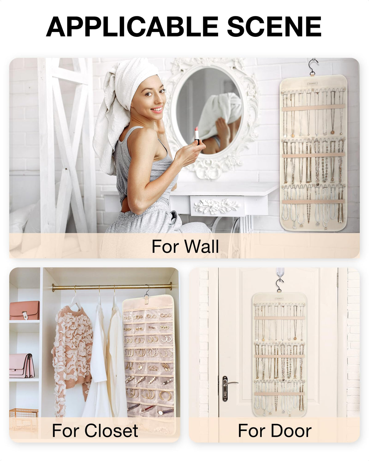 BAGSMART Hanging Jewelry Organizer Storage Roll with Hanger Metal Hooks Double-Sided Jewelry Holder for Earrings, Necklaces, Rings on Closet, Wall, Door, 1 piece, Medium, Pink