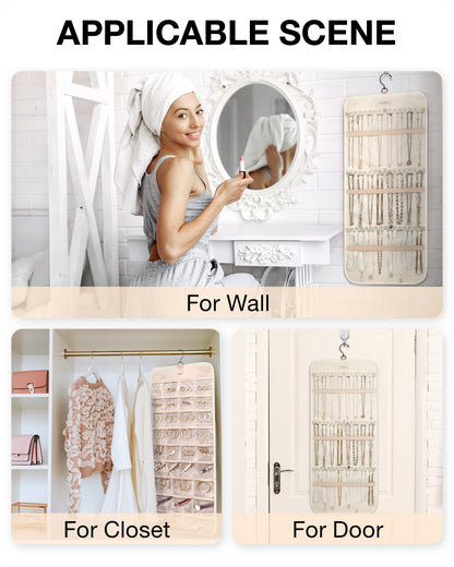 BAGSMART Hanging Jewelry Organizer Storage Roll with Hanger Metal Hooks Double-Sided Jewelry Holder for Earrings, Necklaces, Rings on Closet, Wall, Door, 1 piece, Medium, Pink