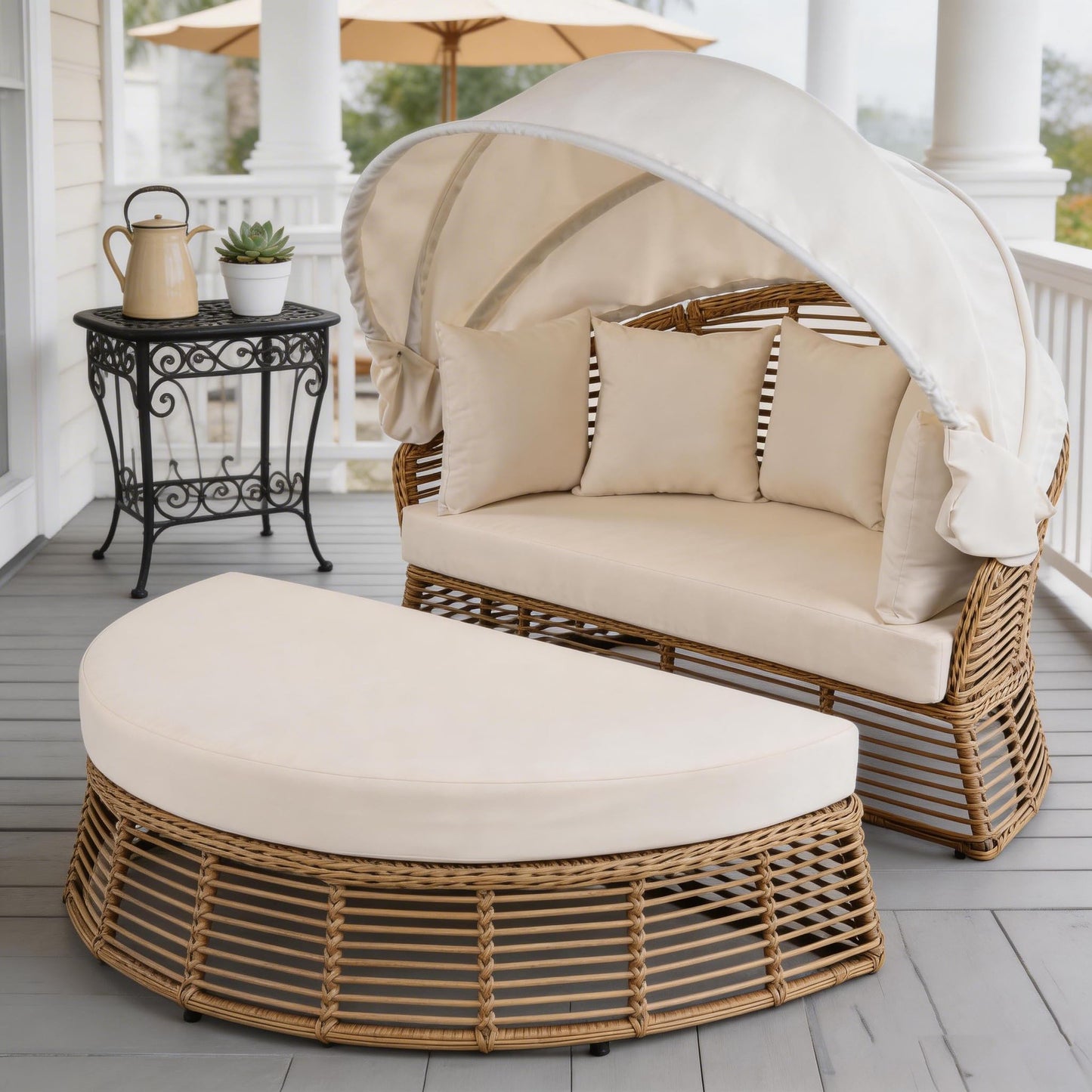 LUMISOL Outdoor Sunbed with Retractable Canopy, Outdoor PE Wicker Round Sectional Sofa with Separated Cushion Seats, Pillows and Removable Cushions for Patio, Backyard, Beige