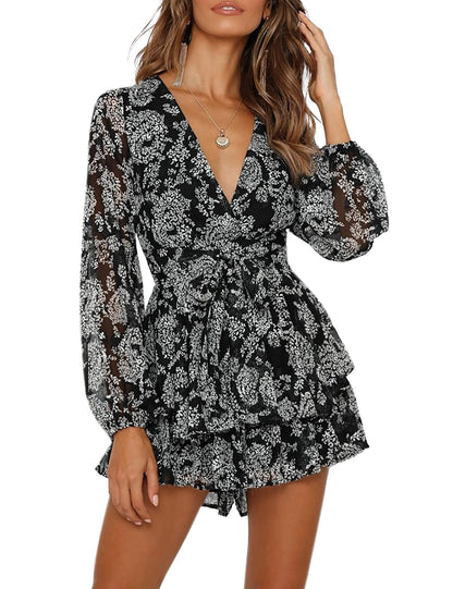 AIMCOO Women's Floral Print Deep V-Neck Romper Double Layer Ruffle Hem Jumpsuits Long Baggy Sleeves Waist Tie Short Rompers