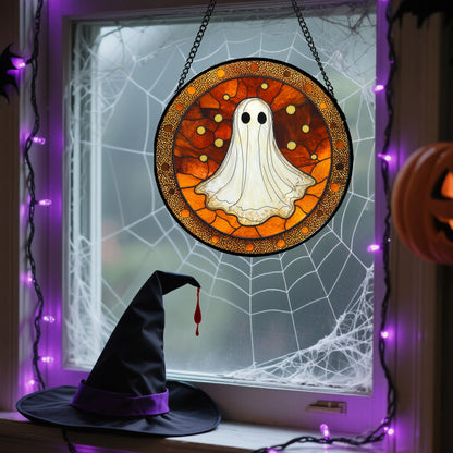 Stained Glass Window Hanging, Halloween Decorations Evil Pumpkin Suncatcher for Doors Garden Indoor Spooky Funny Orange Sun Catchers Gothic Decor Horror Gifts for Women Men Friend 15 in