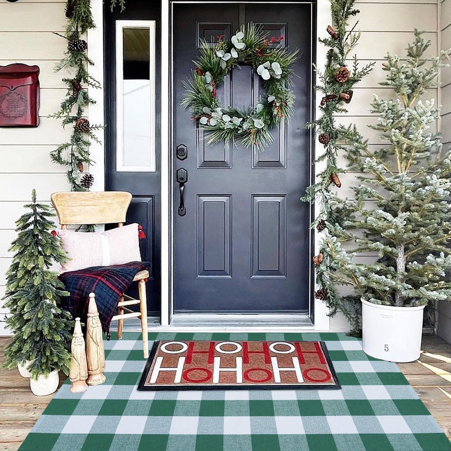 Christmas Door Mat Outdoor 35.4''x59'' Buffalo Plaid Christmas Decor Rug Cotton Hand-Woven Layered Door Mats Washable Carpet for Front Porch, Kitchen, Farmhouse, Entryway