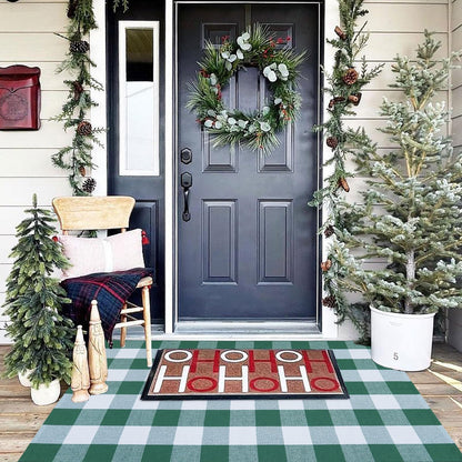 Christmas Door Mat Outdoor 35.4''x59'' Buffalo Plaid Christmas Decor Rug Cotton Hand-Woven Layered Door Mats Washable Carpet for Front Porch, Kitchen, Farmhouse, Entryway
