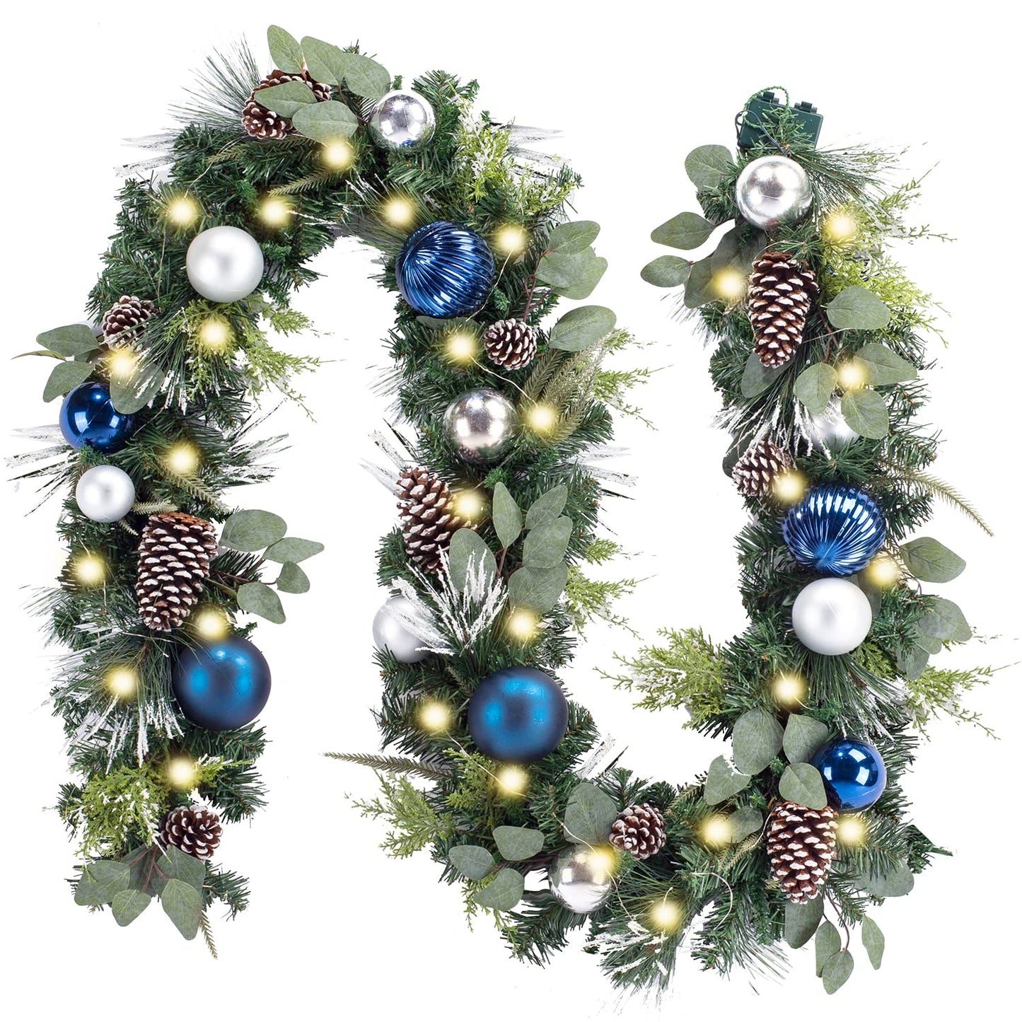 WANNA-CUL Pre-lit 9Feet /108 Inch Christmas Garland with Lights for Front Door, Red Gold Ligthed Christmas Mantel Garland Decoration with Ball Ornaments, Battery Operated 50 LED