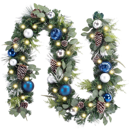 WANNA-CUL Pre-lit 9Feet /108 Inch Christmas Garland with Lights for Front Door, Red Gold Ligthed Christmas Mantel Garland Decoration with Ball Ornaments, Battery Operated 50 LED