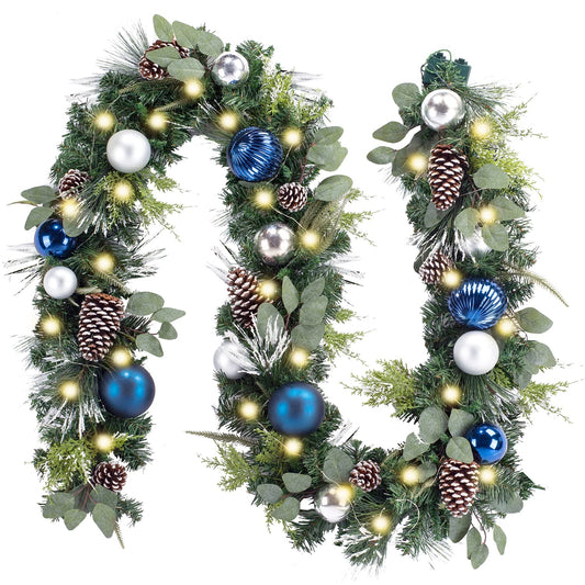 WANNA-CUL Pre-lit 9Feet /108 Inch Christmas Garland with Lights for Front Door, Red Gold Ligthed Christmas Mantel Garland Decoration with Ball Ornaments, Battery Operated 50 LED