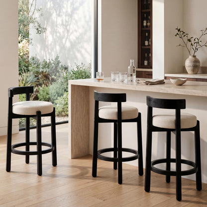 LukeAlon Mid Century Linen Counter Stools Set of 4, Upholstered 26.5” Seat Height Low Barstools with Natural Wood Legs Round Low Back Kitchen Stools with Footrest for Dining Room, Beige