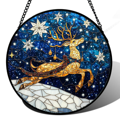 Stained Glass Window Hanging - Golden Christmas Tree Suncatcher for Doors Home Christmas Decoration Winter Sun Catcher Thanksgiving New Year Birthday Gifts for Women Men Mom Nana Girl 7.8 in