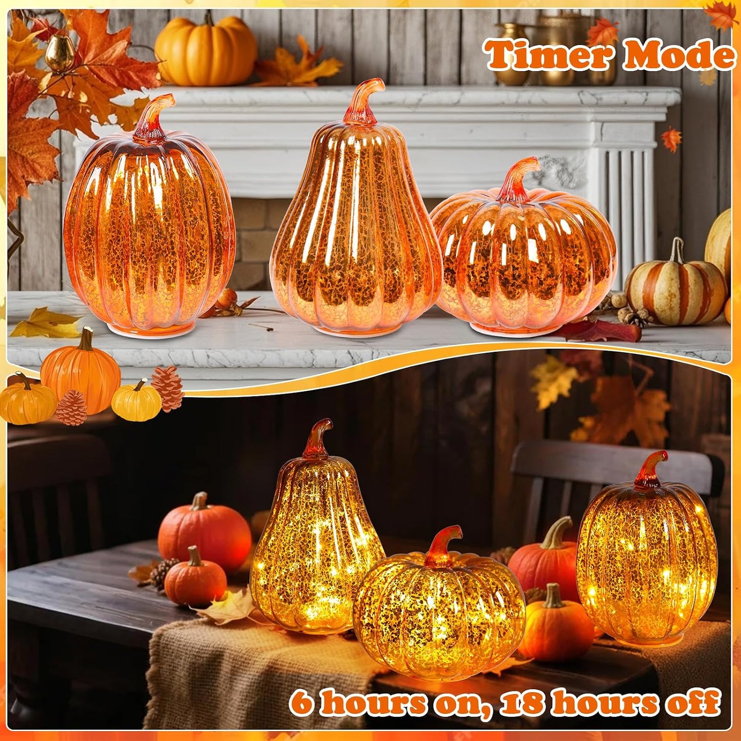 Mercury Glass Pumpkin Lights with Timer, Fall Pumpkins Lamps Tabletop Centerpiece Decorations Autumn Thanksgiving Home Halloween Decor, 3PCS