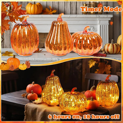 Mercury Glass Pumpkin Lights with Timer, Fall Pumpkins Lamps Tabletop Centerpiece Decorations Autumn Thanksgiving Home Halloween Decor, 3PCS