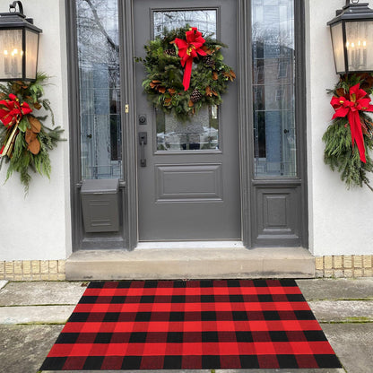 Christmas Door Mat Outdoor 35.4''x59'' Buffalo Plaid Christmas Decor Rug Cotton Hand-Woven Layered Door Mats Washable Carpet for Front Porch, Kitchen, Farmhouse, Entryway