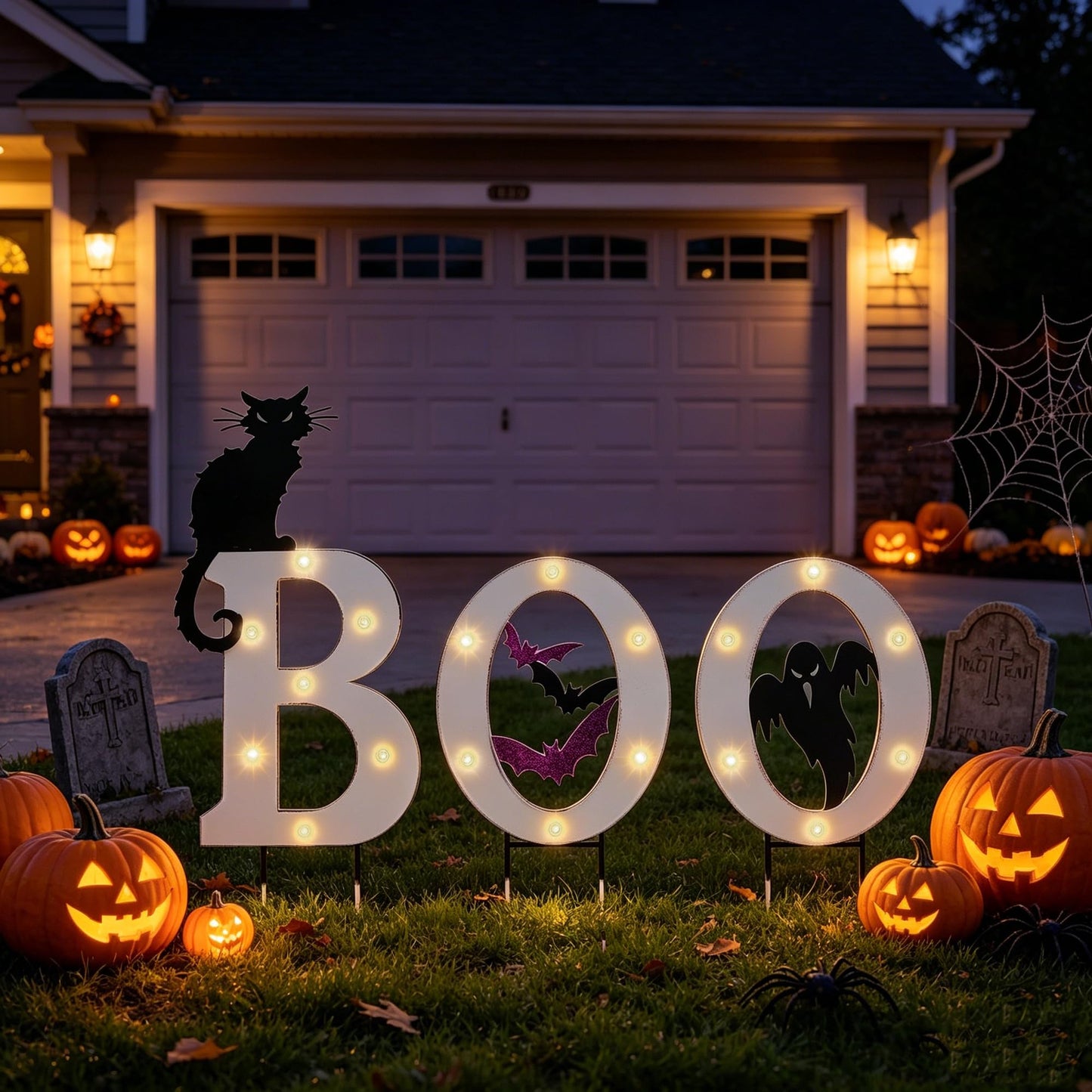 Prsildan 3 Pack Halloween Decorations Outdoor Solar Lighted Boo Yard Sign | Waterproof Metal Lawn Stakes, Solar-Powered, Bats, Cat & Ghost, For Front Yard, Porch, Garden, Spooky Halloween Party Decor