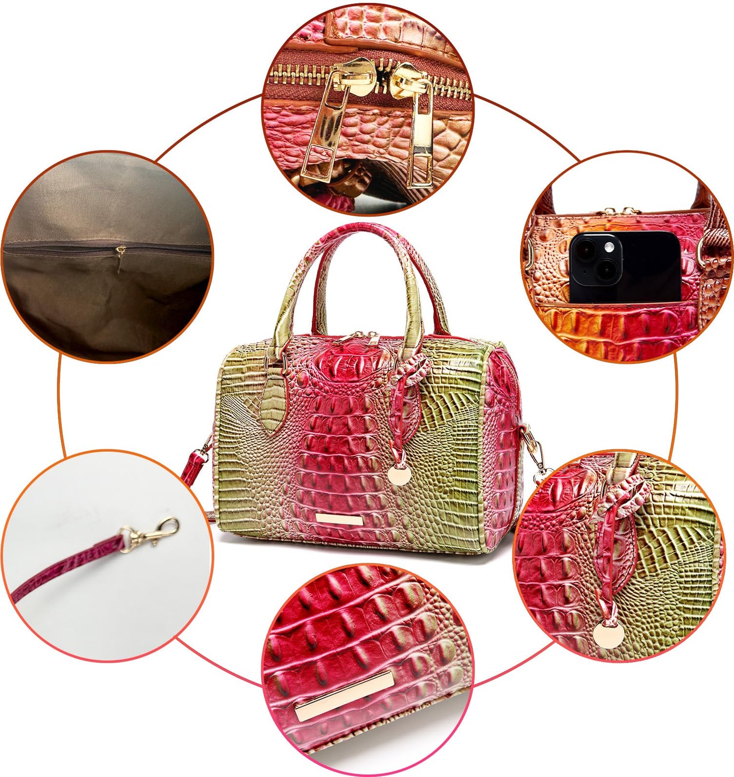 Makcr Joacbv Crocodile Handbag for Women Top Handle Leather Shoulder Purse | Glossy crocodile-embossed vegan leather with rolled handles, buckle details, a structured dome shape, and adjustable strap.