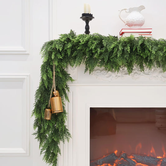 2PCS 9FT Christmas Cedar Garland Artificial Realistic Green Faux Real Touch Winter Pine Garland for Mantle Fireplace Wall Table Indoor Outdoor Decorations