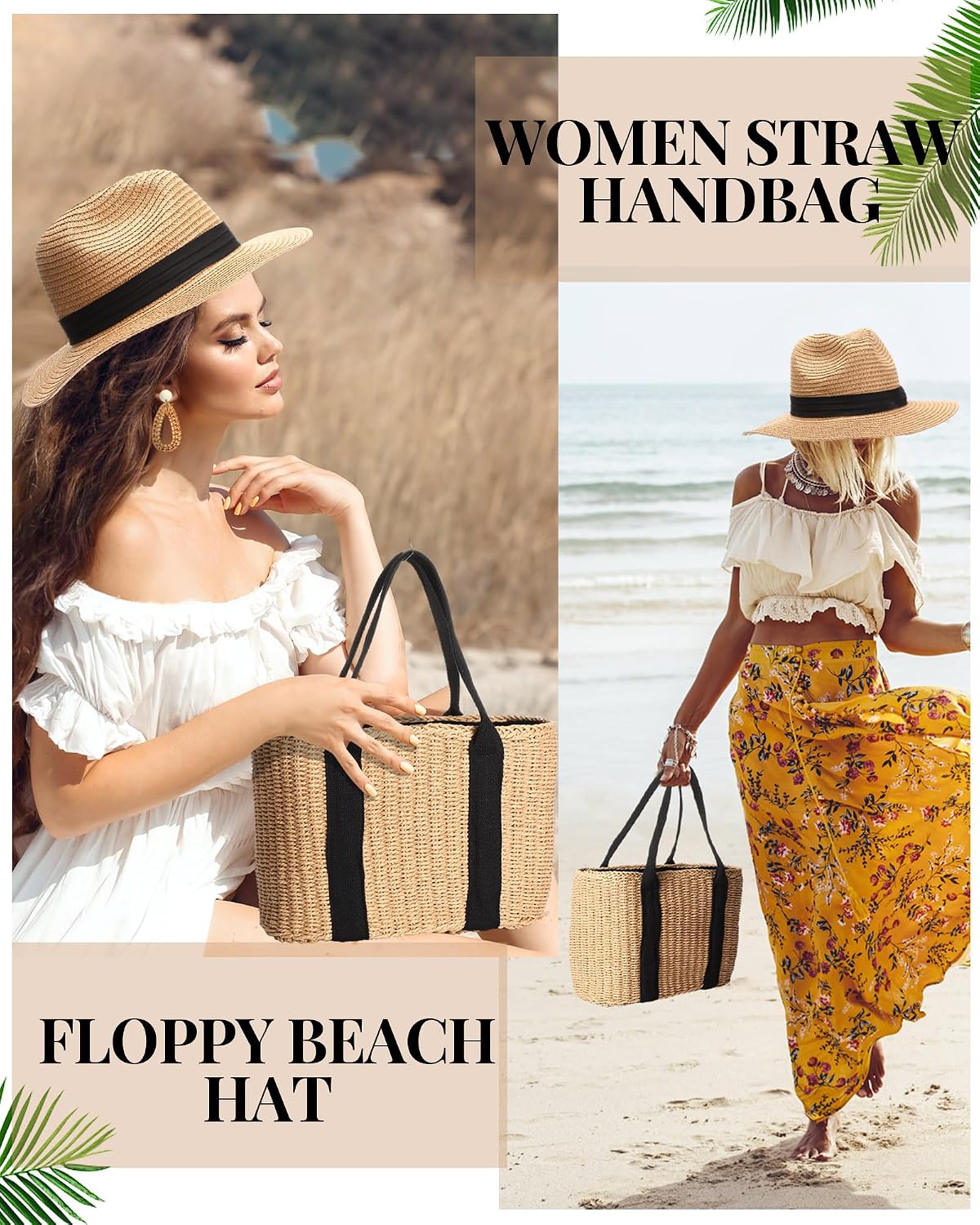 Glitopper 4 Pcs Straw Bag Woven Bag and Rattan Wicker Hat Tassel Earrings Set