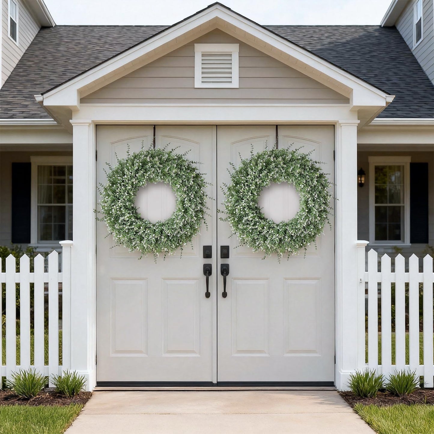 32" Large Artificial Eucalyptus Wreath for Front Door(White-Green) | Weather Resistant,Lifelike Eucalyptus Lavender with Babys Breath Flowers Wreath,for Home Farmhouse Wall Year-Round Use Decor