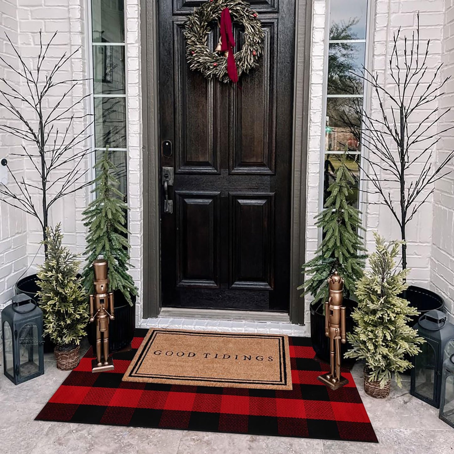 Christmas Door Mat Outdoor 35.4''x59'' Buffalo Plaid Christmas Decor Rug Cotton Hand-Woven Layered Door Mats Washable Carpet for Front Porch, Kitchen, Farmhouse, Entryway