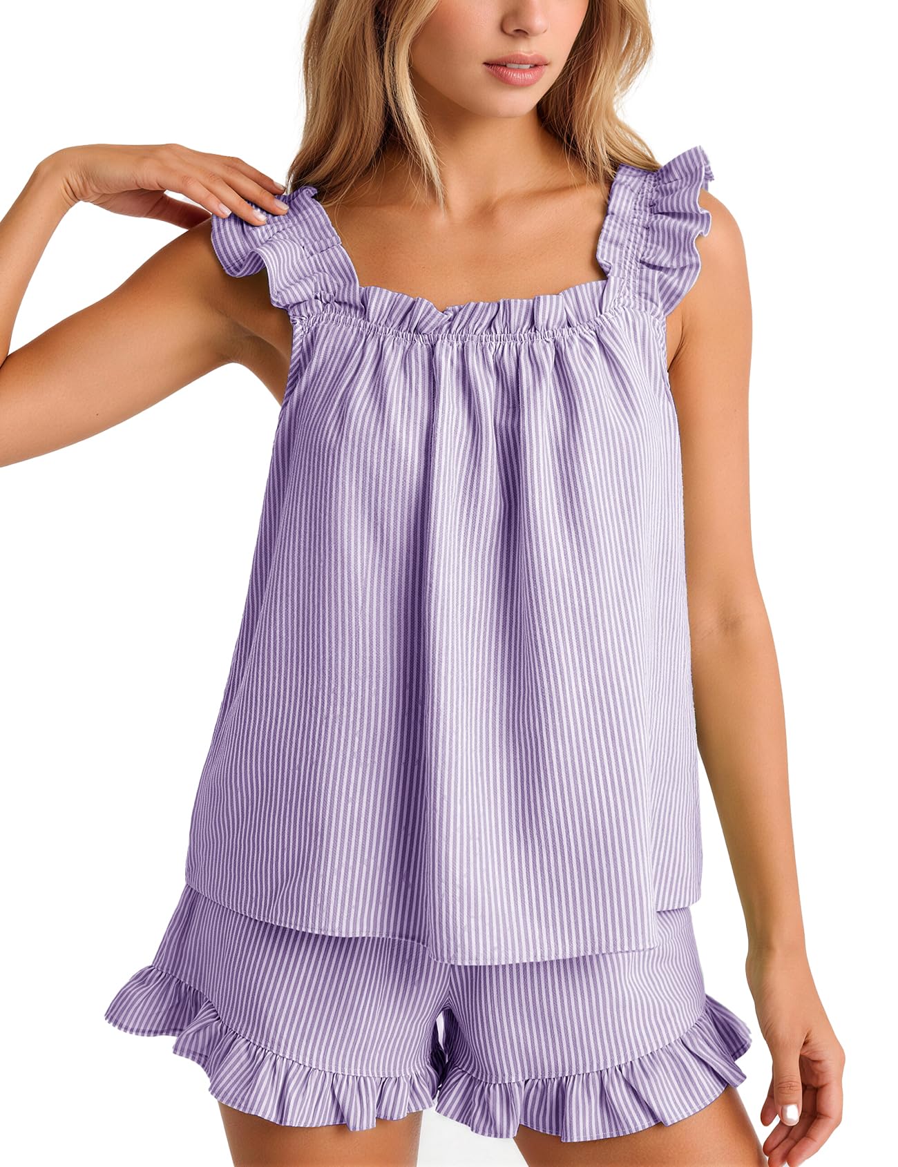 Flygo Striped Pajamas Set for Women Cotton 2 Piece Lounge Sets Ruffle Cami Top and Shorts Cute Summer Pj Sleepwear
