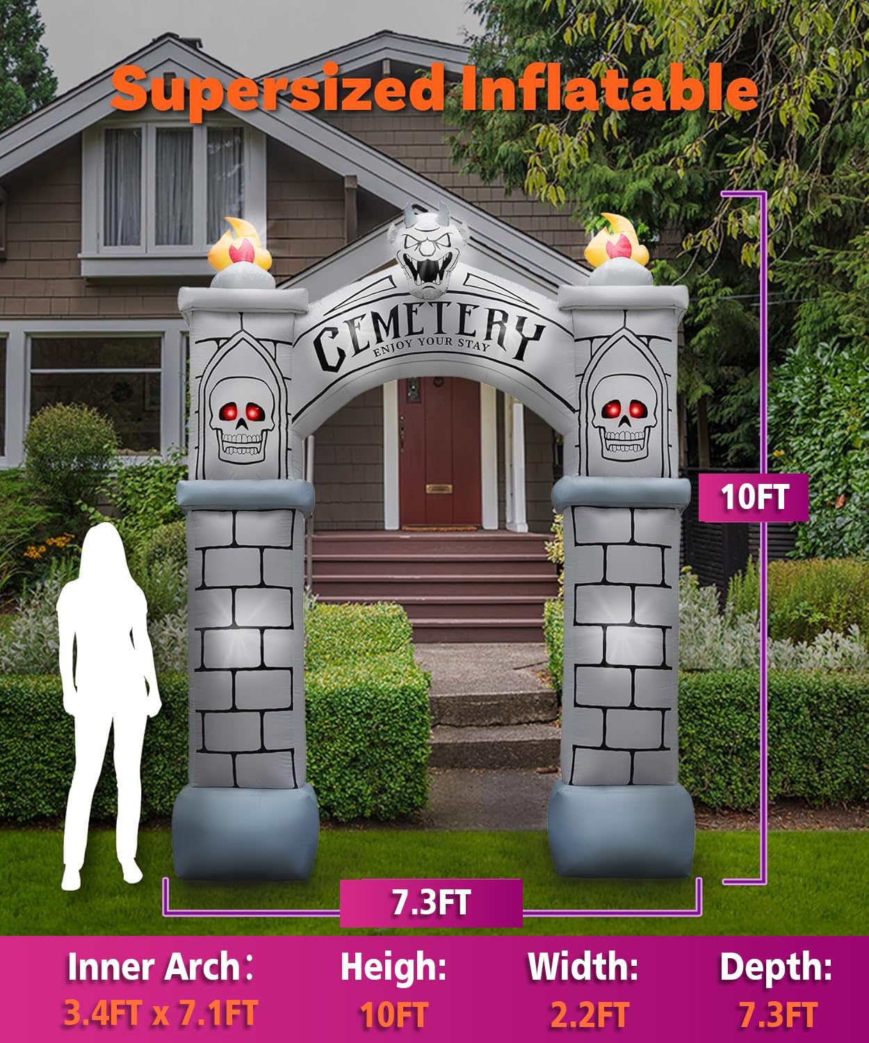10FT Halloween Inflatable Frankenstein Archway, Halloween Monster Mouth Archway Built-in 6 LEDs for Halloween Inflatables Outdoor Decoration Blow up Frankenstein Arch for Party Haunted House