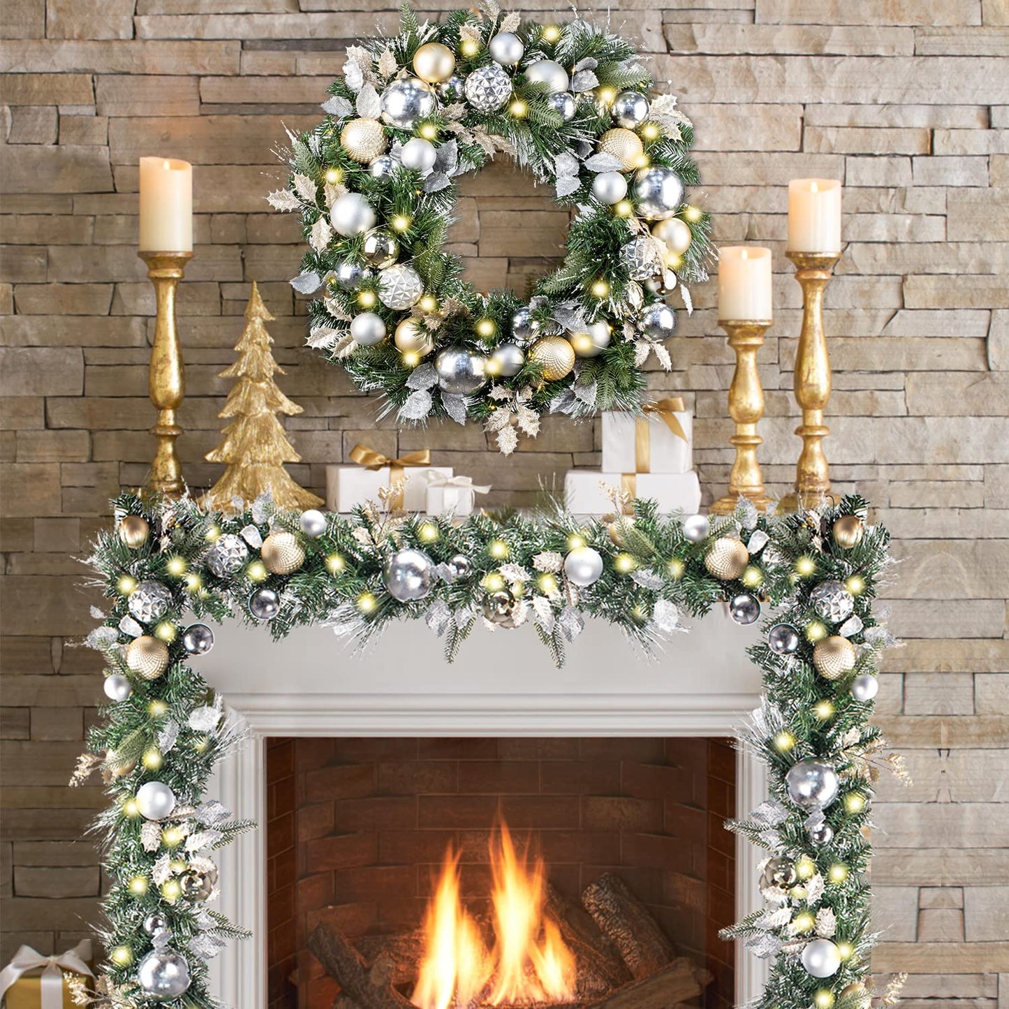 WANNA-CUL Pre-lit 9Feet /108 Inch Christmas Garland with Lights for Front Door, Red Gold Ligthed Christmas Mantel Garland Decoration with Ball Ornaments, Battery Operated 50 LED