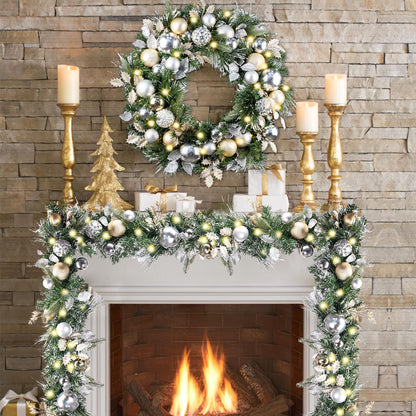 WANNA-CUL Pre-lit 9Feet /108 Inch Christmas Garland with Lights for Front Door, Red Gold Ligthed Christmas Mantel Garland Decoration with Ball Ornaments, Battery Operated 50 LED