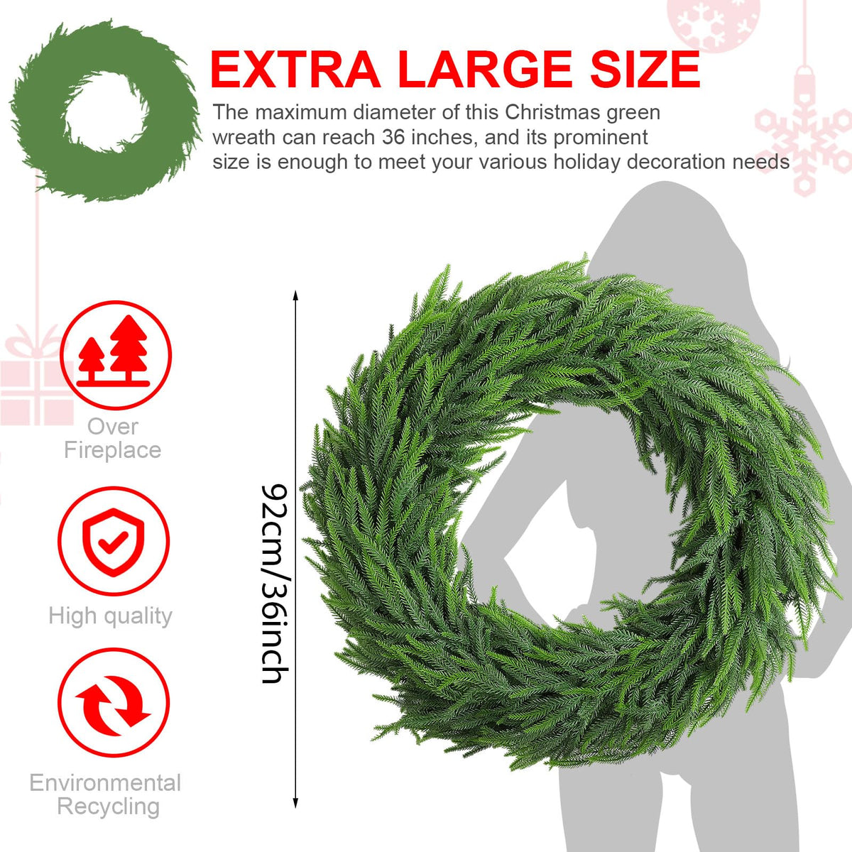 Wavwavw 48" Christmas Large Norfolk Pine Wreath for Front Door