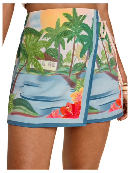 Sweatyrocks Women's Boho Mini Skirts Floral Shorts Tie Side Wrap Elastic Waist Summer Skorts Beach Vacation Outfits
