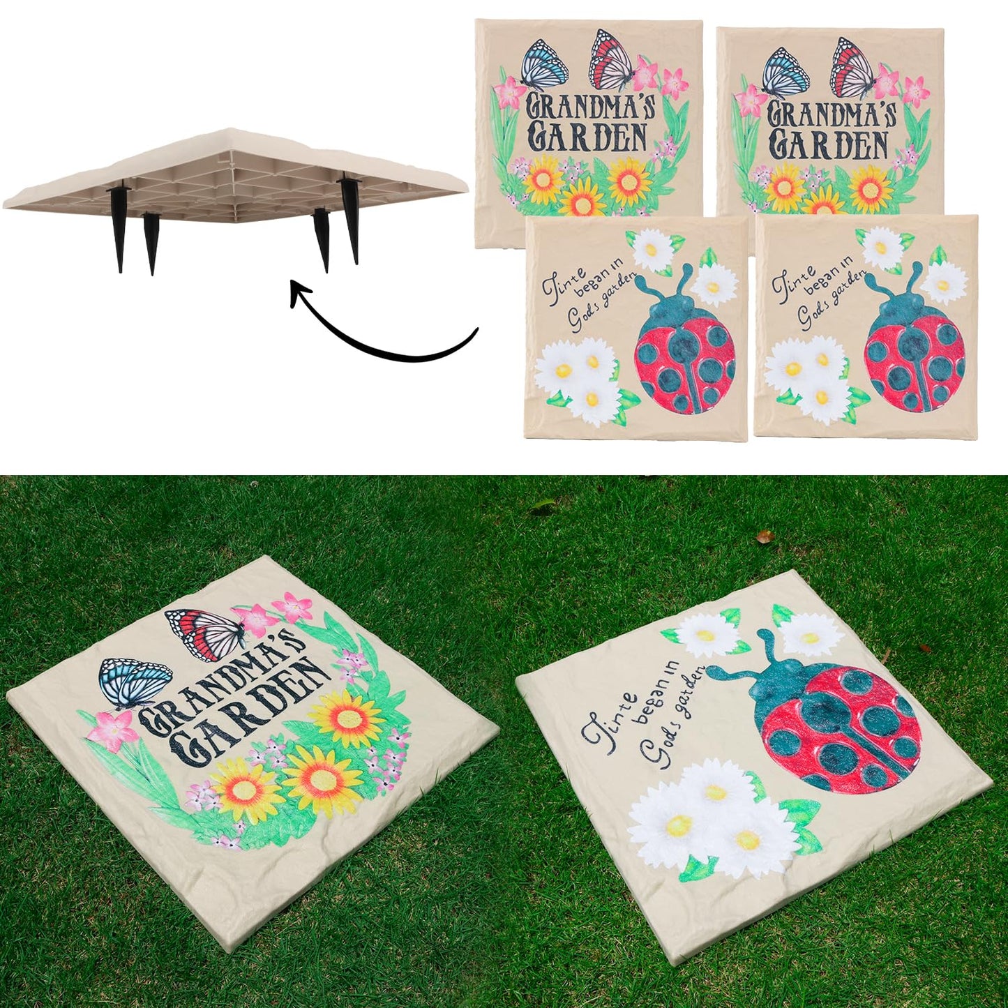 4Pcs Large Stepping Stones Outdoor Garden Walkway, Durable Plastic Pavers for Patio, Pathway, and Landscaping, Weatherproof Stepping Stones with Ground Stakes for Easy Installation