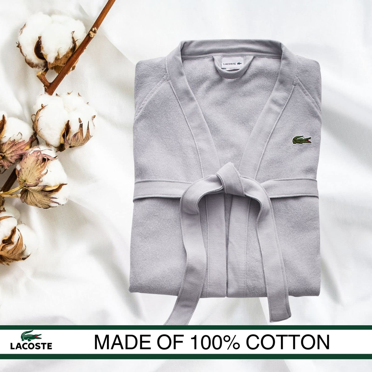 Lacoste Classic Pique Bath Robe, 100% Soft Cotton Terry, Unisex Adult Bathrobe, Absorbent & Quick Drying, One Size Fits Most