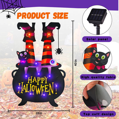 Halloween Lighted Garden Flag for Outside, Led Solar Yard Flag 8 Modes Witch Feet Shape Flag, 28x40 Double Sided Cauldron Eyeball Black Cat Decorations for Home Porch
