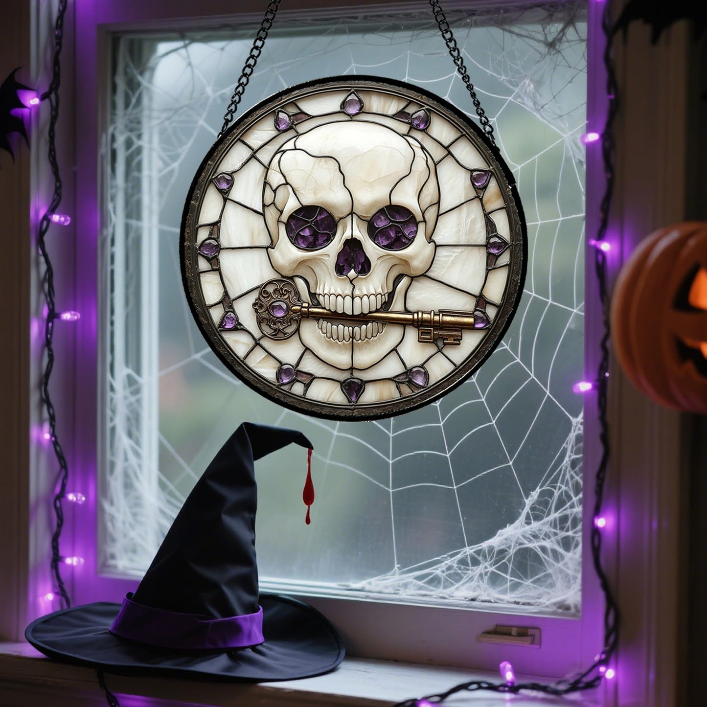 Stained Glass Window Hanging - Halloween Red White Scary Pumpkin Suncatcher for Doors Garden Home Spooky Rattan Sun Catchers Gothic Decor Horror Gifts for Women Men Friend Boy Girl 15 in