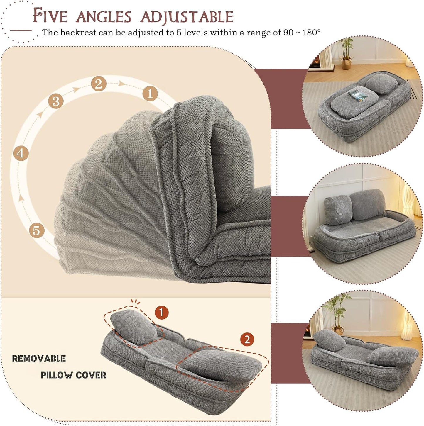 Upholstered Convertible Lounge Chair with 2 Soft Pillows