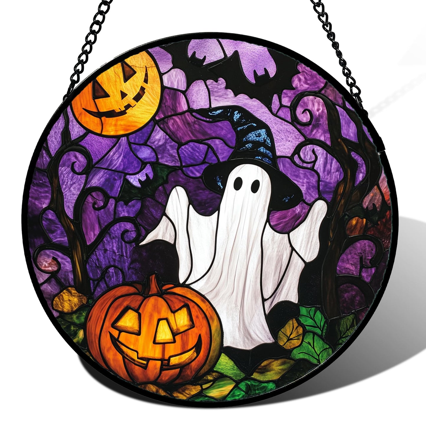 Stained Glass Window Hanging, Halloween Decorations Evil Pumpkin Suncatcher for Doors Garden Indoor Spooky Funny Orange Sun Catchers Gothic Decor Horror Gifts for Women Men Friend 15 in