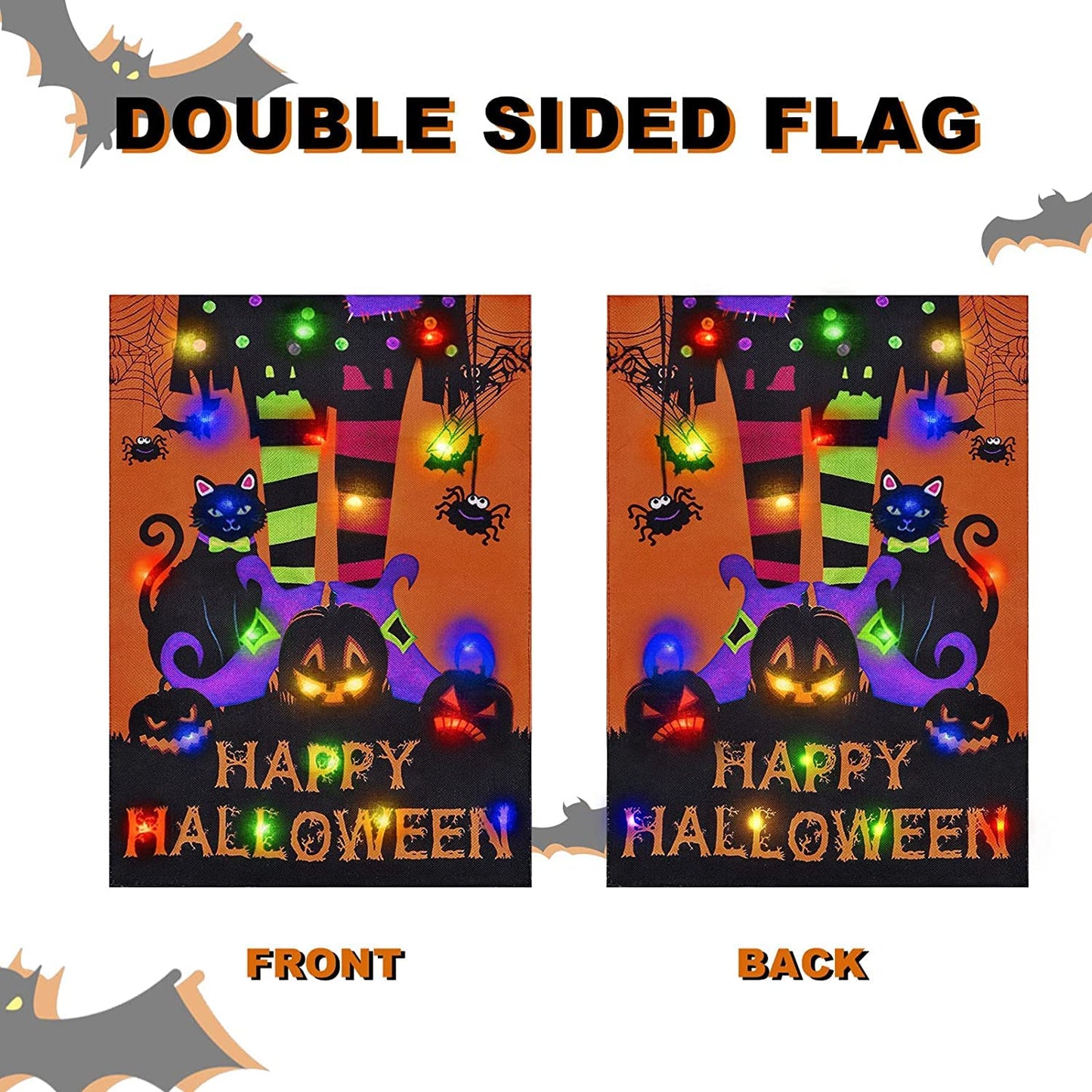 Halloween Lighted Garden Flag for Outside, Led Solar Yard Flag 8 Modes Witch Feet Shape Flag, 28x40 Double Sided Cauldron Eyeball Black Cat Decorations for Home Porch