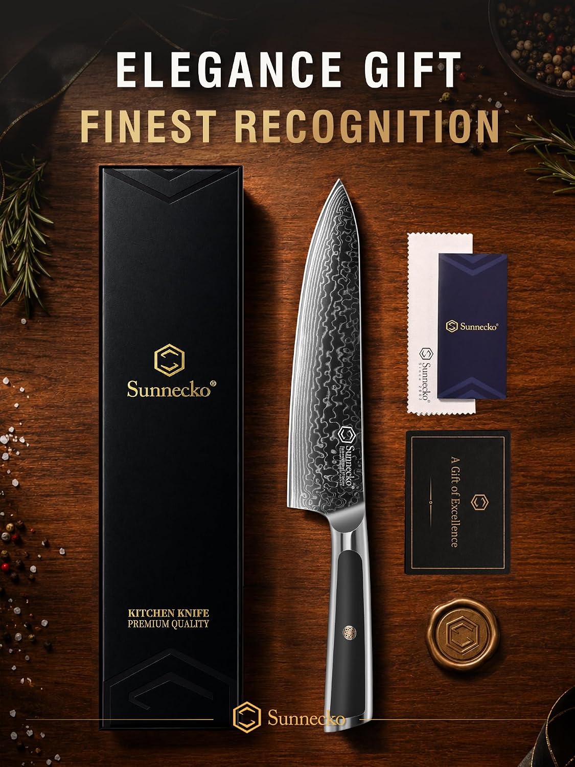 Sunnecko 8 Inch Japanese Damascus Chef Knife - Ultra Sharp VG10 Steel | 10-12 Degree Edge 67 Layers Kitchen Cooking Knives for Meat, Vegetable Fruit, Full Tang, Camping BBQ Gifts for Men