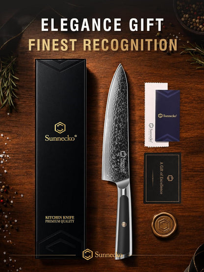 Sunnecko 8 Inch Japanese Damascus Chef Knife - Ultra Sharp VG10 Steel | 10-12 Degree Edge 67 Layers Kitchen Cooking Knives for Meat, Vegetable Fruit, Full Tang, Camping BBQ Gifts for Men