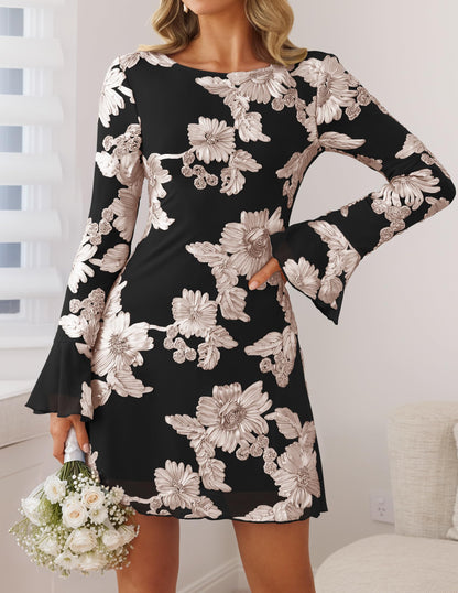 ZESICA Women's 2026 Fall Floral Wedding Guest Cocktail Mini Dress