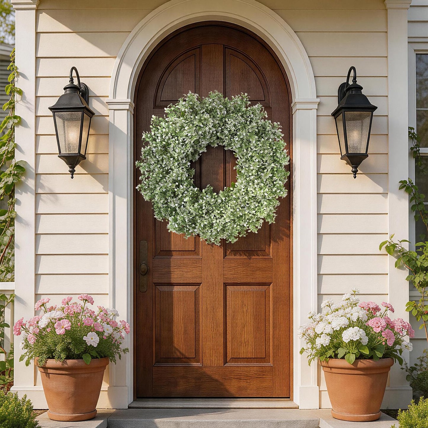 32" Large Artificial Boxwood Wreath for Front Door (White-Green) | Waterproof Fade Resistant,Premium Durable,Faux Aglaia Odorata Wreath,for Wall Window Farmhouse Outdoor All Seasons Decor